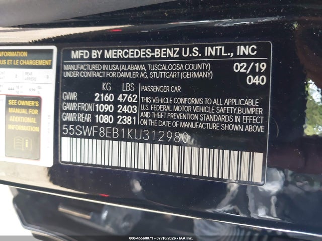 45568871 :رقم المزاد ، 55SWF8EB1KU312980 vin ، 2019 Mercedes-benz C 300 4matic مزاد بيع