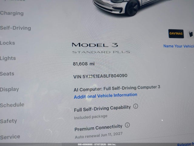 45568880 :رقم المزاد ، 5YJ3E1EA8LF804090 vin ، 2020 Tesla Model 3 Standard Range Plus Rear-wheel Drive/standard Range Rear-wheel Drive مزاد بيع