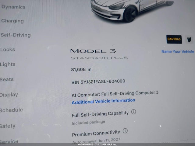 45568880 :رقم المزاد ، 5YJ3E1EA8LF804090 vin ، 2020 Tesla Model 3 Standard Range Plus Rear-wheel Drive/standard Range Rear-wheel Drive مزاد بيع