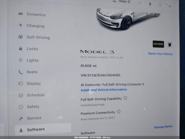 45568880 :رقم المزاد ، 5YJ3E1EA8LF804090 vin ، 2020 Tesla Model 3 Standard Range Plus Rear-wheel Drive/standard Range Rear-wheel Drive مزاد بيع
