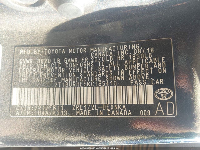 2019 Toyota Corolla Le მანქანა იყიდება აუქციონზე, vin: 2T1BURHE5KC165410, აუქციონის ნომერი: 45568883