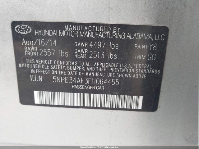 Aukcja sprzedaży 2015 Hyundai Sonata Sport, vin: 5NPE34AF3FH064455, numer aukcji: 45568891