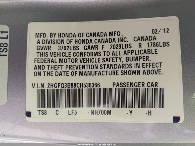 Auction sale of the 2012 Honda Civic Ex, vin: 2HGFG3B88CH536366, lot number: 45568899