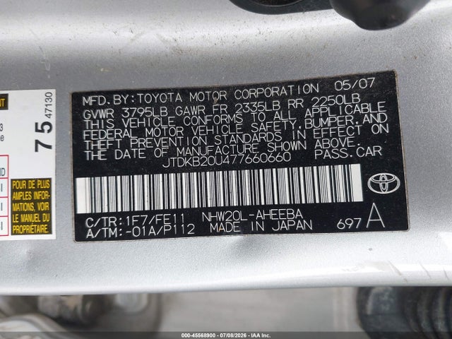 Aukcja sprzedaży 2007 Toyota Prius, vin: JTDKB20U477660660, numer aukcji: 45568900