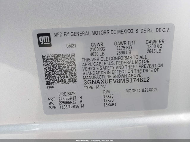 Aukcja sprzedaży 2021 Chevrolet Equinox Awd Lt, vin: 3GNAXUEV8MS174612, numer aukcji: 45568931