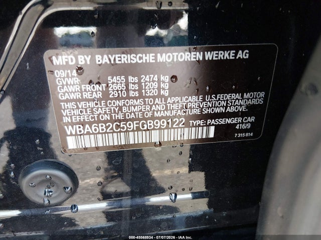 45568934 :رقم المزاد ، WBA6B2C59FGB99122 vin ، 2015 Bmw 650i Gran Coupe مزاد بيع