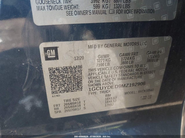 2021 Chevrolet Silverado 1500 მანქანა იყიდება აუქციონზე, vin: 1GCUYDED9MZ192906, აუქციონის ნომერი: 45568939