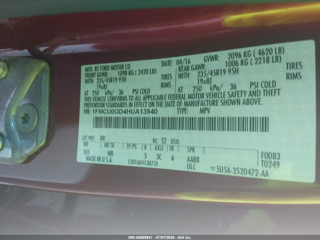 Ford ESCAPE SE 2017 1FMCU0GD4HUA13540 Image 9