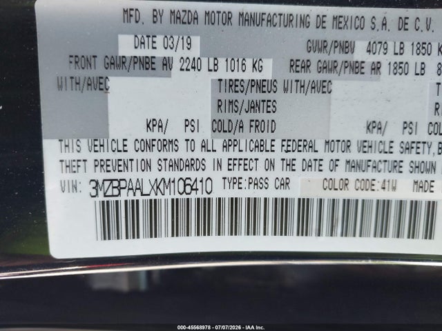 Продаж на аукціоні авто 2019 Mazda Mazda3 Select Package, vin: 3MZBPAALXKM106410, номер лоту: 45568978