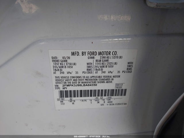 Aukcja sprzedaży 2020 Ford Edge Sel, vin: 2FMPK3J98LBA84350, numer aukcji: 45568977