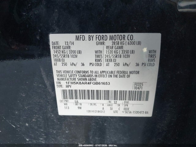 45568982 :رقم المزاد ، 1FM5K8AR4FGB61653 vin ، 2015 Ford Utility Police Interceptor مزاد بيع