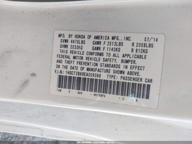 45568989 :رقم المزاد ، 1HGCT2B89EA009088 vin ، 2014 Honda Accord Ex-l V-6 مزاد بيع