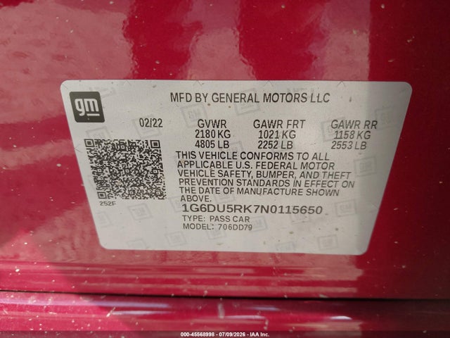 45568998 :رقم المزاد ، 1G6DU5RK7N0115650 vin ، 2022 Cadillac Ct5 Sport مزاد بيع