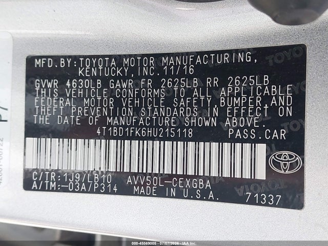4T1BD1FK6HU215118 Toyota Camry Hybrid Xle