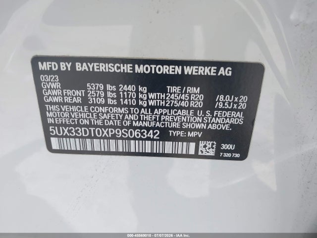 45569010 :رقم المزاد ، 5UX33DT0XP9S06342 vin ، 2023 Bmw X4 Xdrive30i مزاد بيع
