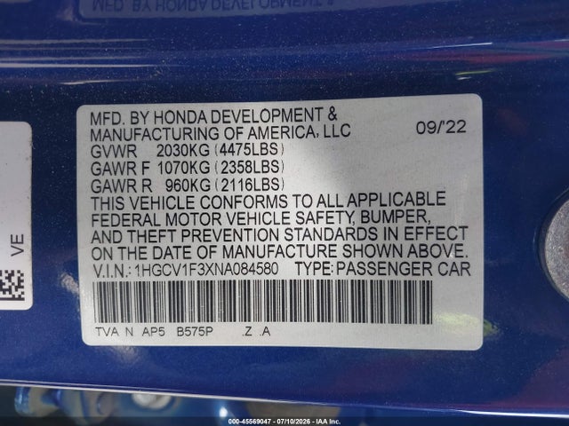 1HGCV1F3XNA084580 Honda Accord Sport