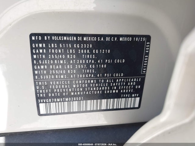 2026 Volkswagen Tiguan Se R-line Black მანქანა იყიდება აუქციონზე, vin: 3VVGR7RM9TM028501, აუქციონის ნომერი: 45569049