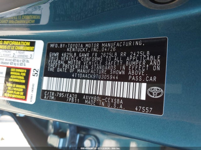 2026 Toyota Camry Se მანქანა იყიდება აუქციონზე, vin: 4T1DAACK9TU305944, აუქციონის ნომერი: 45569076