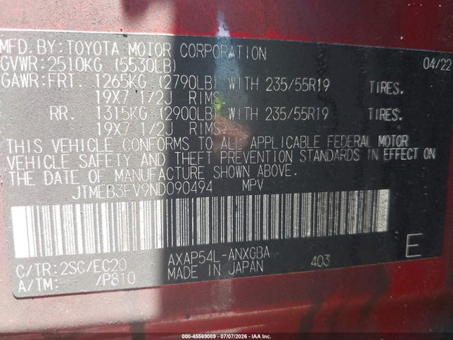 Aukcja sprzedaży 2022 Toyota Rav4 Prime Xse, vin: JTMEB3FV9ND090494, numer aukcji: 45569089