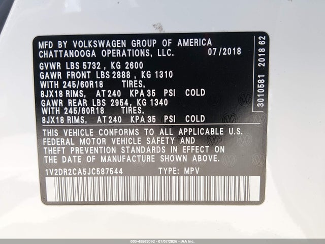 1V2DR2CA5JC587544 Volkswagen Atlas 3.6l V6 Se/3.6l V6 Se W/technology