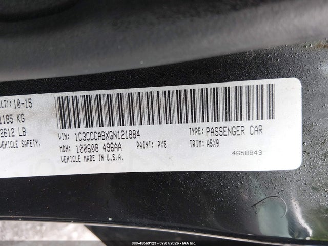 Aukcja sprzedaży 2016 Chrysler 200 Limited, vin: 1C3CCCABXGN121884, numer aukcji: 45569123