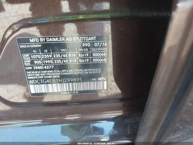 45569125 :رقم المزاد ، WDCTG4EB1HJ299895 vin ، 2017 Mercedes-benz Gla 250 مزاد بيع