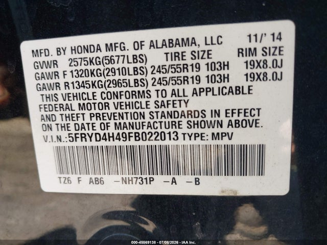 45569138 :رقم المزاد ، 5FRYD4H49FB022013 vin ، 2015 Acura Mdx Technology Package مزاد بيع