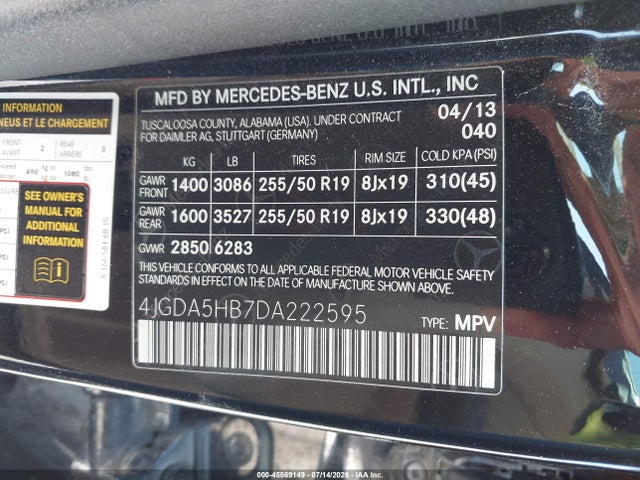 Aukcja sprzedaży 2013 Mercedes-benz Ml 350 4matic, vin: 4JGDA5HB7DA222595, numer aukcji: 45569149