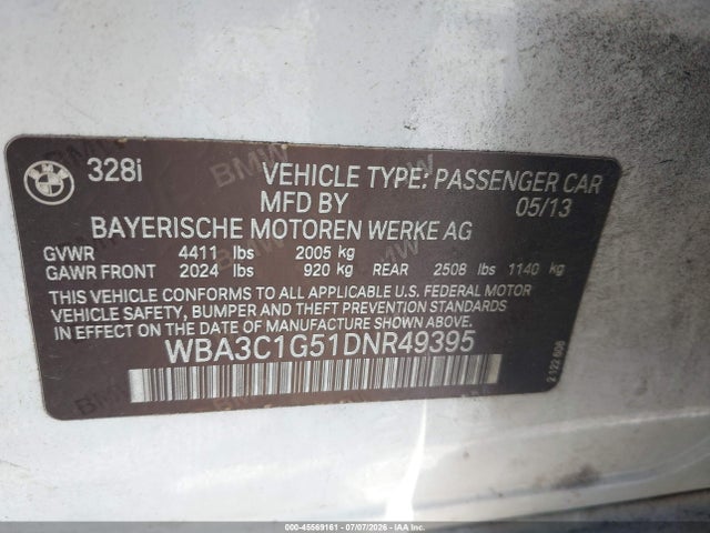 45569161 :رقم المزاد ، WBA3C1G51DNR49395 vin ، 2013 Bmw 328i مزاد بيع