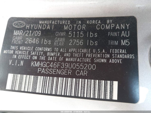 Aukcja sprzedaży 2009 Hyundai Genesis 4.6, vin: KMHGC46F39U055200, numer aukcji: 45569166