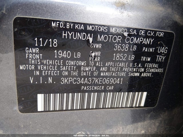 Aukcja sprzedaży 2019 Hyundai Accent Limited, vin: 3KPC34A37KE069041, numer aukcji: 45569174