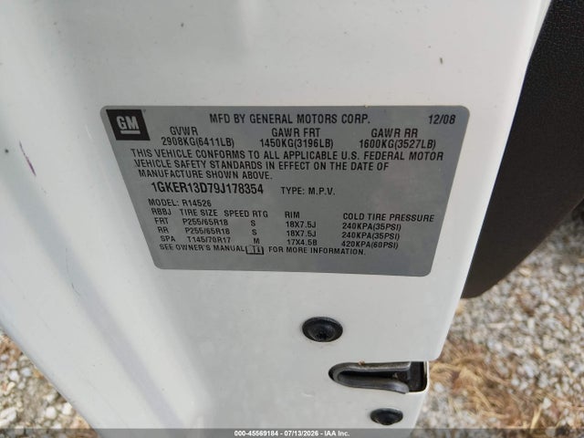 45569184 :رقم المزاد ، 1GKER13D79J178354 vin ، 2009 Gmc Acadia Sle1 مزاد بيع