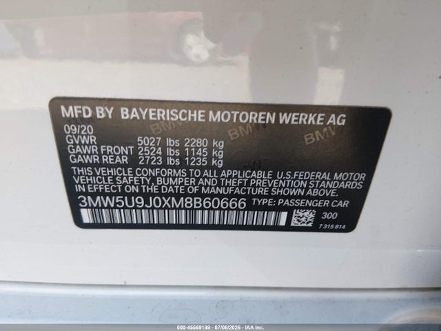 45569189 :رقم المزاد ، 3MW5U9J0XM8B60666 vin ، 2021 Bmw M340i M340i Xdrive مزاد بيع