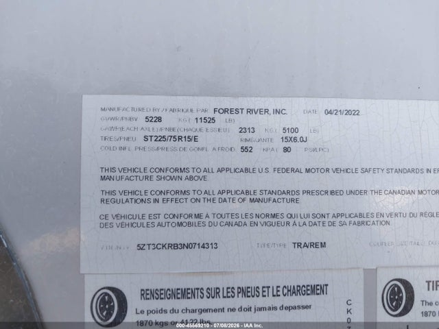 Продаж на аукціоні авто 2022 Forest River Other, vin: 5ZT3CKRB3N0714313, номер лоту: 45569210