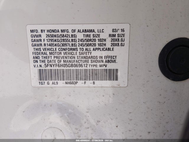 Honda Pilot Elite 2016 5FNYF6H05GB069612 Image 9