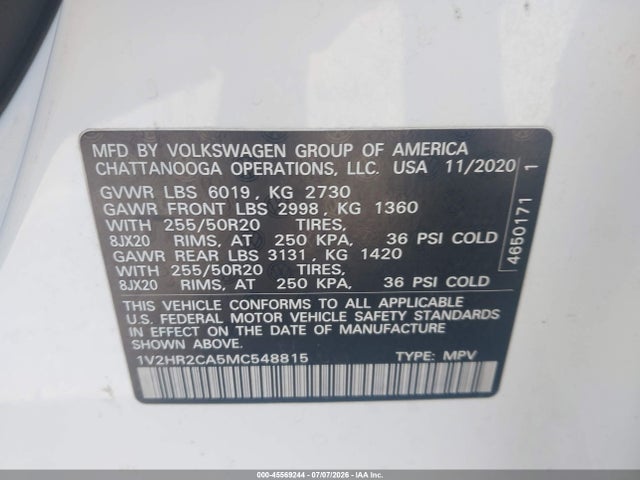 1V2HR2CA5MC548815 Volkswagen Atlas 3.6l V6 Se W/technology