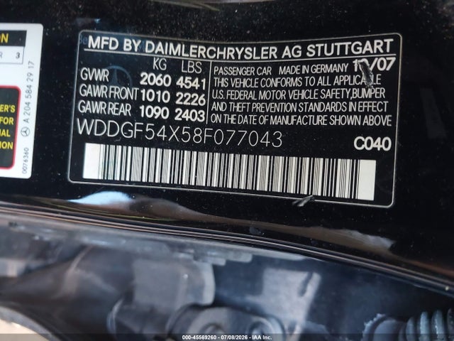 45569260 :رقم المزاد ، WDDGF54X58F077043 vin ، 2008 Mercedes-benz C 300 Luxury/sport مزاد بيع