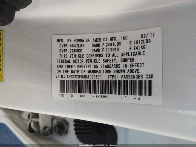 2013 Honda Accord Ex-l V-6 მანქანა იყიდება აუქციონზე, vin: 1HGCR3F88DA003571, აუქციონის ნომერი: 45569266