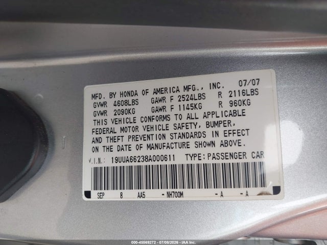 45569272 :رقم المزاد ، 19UUA66238A000611 vin ، 2008 Acura Tl 3.2 مزاد بيع