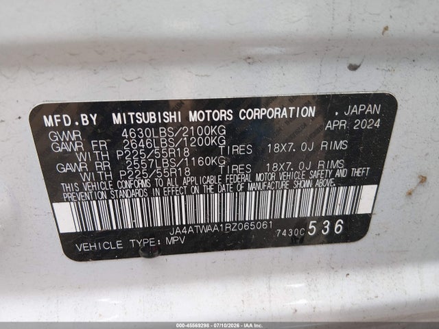 2024 Mitsubishi Eclipse Cross Se S-awc მანქანა იყიდება აუქციონზე, vin: JA4ATWAA1RZ065061, აუქციონის ნომერი: 45569298