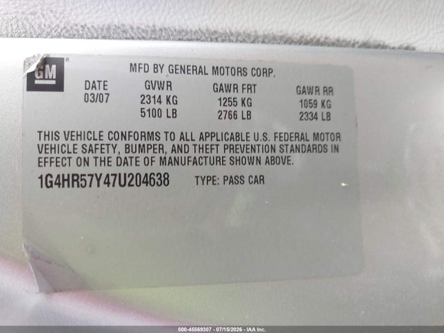 Продаж на аукціоні авто 2007 Buick Lucerne Cxl, vin: 1G4HR57Y47U204638, номер лоту: 45569307