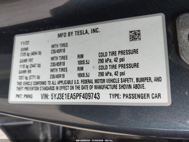 Tesla Model 3 Rear-wheel Drive 2023 5YJ3E1EA5PF409743 Image 9