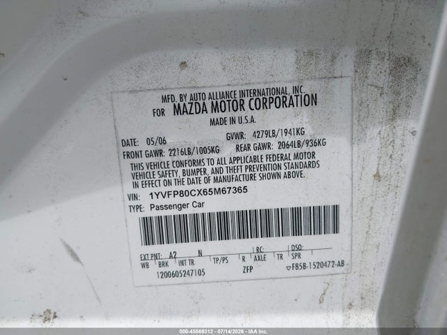 45569312 :رقم المزاد ، 1YVFP80CX65M67365 vin ، 2006 Mazda Mazda6 I مزاد بيع