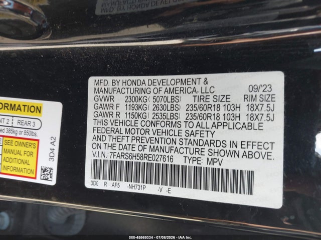 45569334 :رقم المزاد ، 7FARS6H58RE027616 vin ، 2024 Honda Cr-v Hybrid Sport مزاد بيع