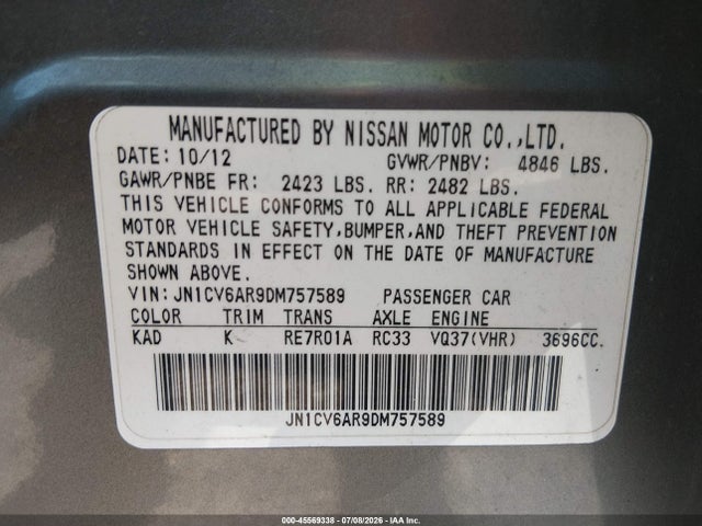 2013 Infiniti G37x მანქანა იყიდება აუქციონზე, vin: JN1CV6AR9DM757589, აუქციონის ნომერი: 45569338
