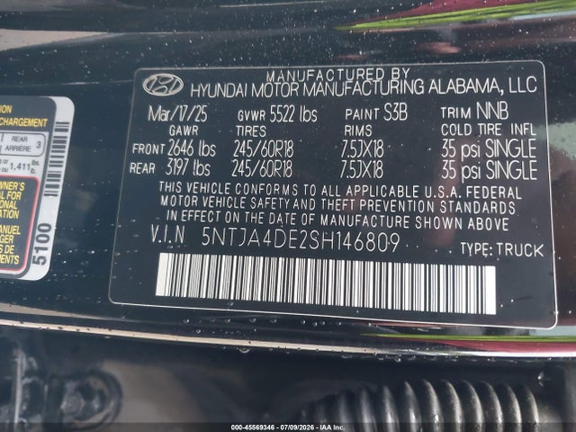 Aukcja sprzedaży 2025 Hyundai Santa Cruz Se, vin: 5NTJA4DE2SH146809, numer aukcji: 45569346