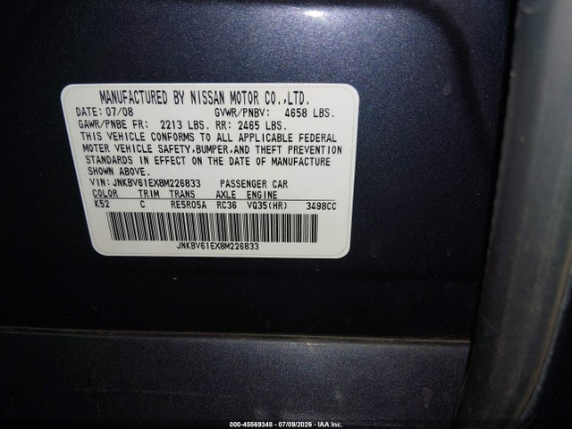 Продаж на аукціоні авто 2008 Infiniti G35 Journey, vin: JNKBV61EX8M226833, номер лоту: 45569348