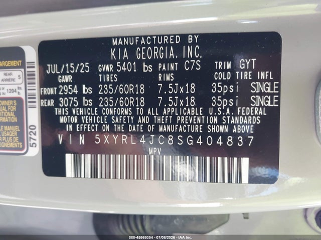 Продажа на аукционе авто 2025 Kia Sorento S, vin: 5XYRL4JC8SG404837, номер лота: 45569354