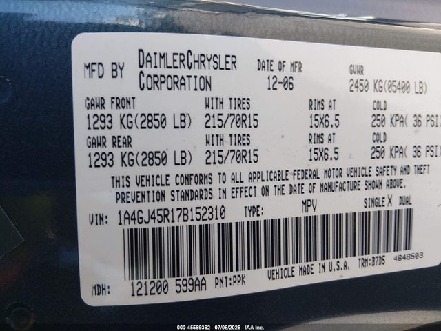 2007 Chrysler Town & Country მანქანა იყიდება აუქციონზე, vin: 1A4GJ45R178152310, აუქციონის ნომერი: 45569362