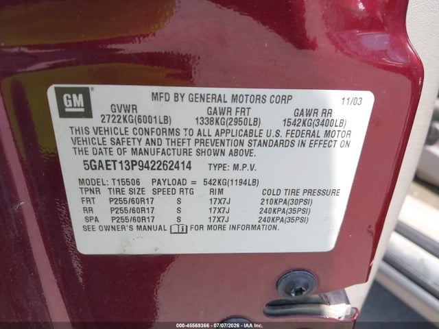 45569366 :رقم المزاد ، 5GAET13P942262414 vin ، 2004 Buick Rainier Cxl مزاد بيع